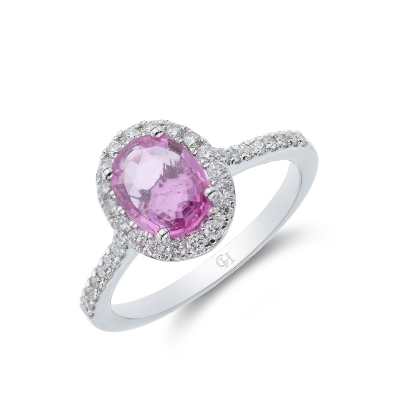 18ct White Gold Oval Cut Pink Sapphire 2.17ct Diamond Halo Ring