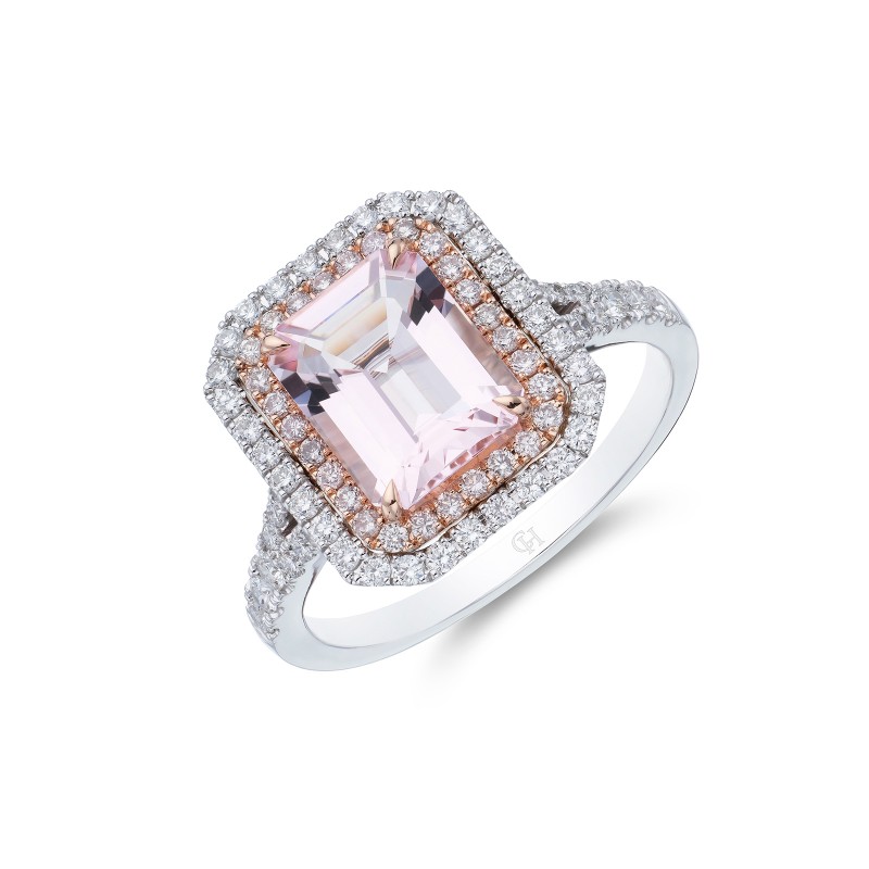 18ct White Gold Cushion Cut 2.36ct Morganite and 0.48ct Diamond Cluster Ring