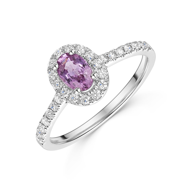 18ct White Gold Oval Cut 0.50ct Pink Sapphire Halo with Diamond Shoulders