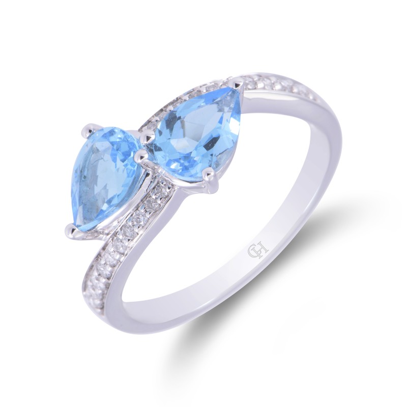 9ct White Gold Pear Shape Blue Topaz Two Stone Diamond Set Twist Ring