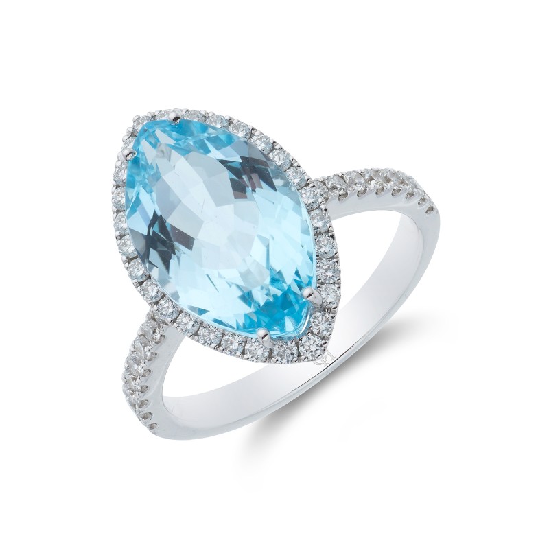 18ct White Gold Marquise Cut Topaz 6.14ct Diamond Halo Ring