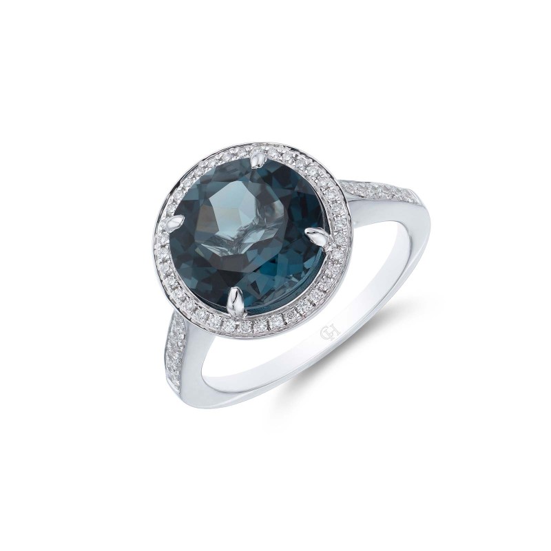 18ct White Gold Diamond 0.22ct and London Blue Topaz 5.21ct Halo Ring