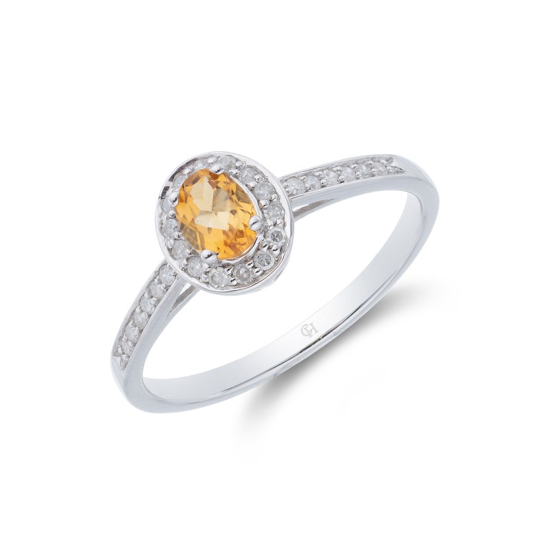9ct White Gold Oval Cut Citrine 0.53ct Diamond Halo Ring