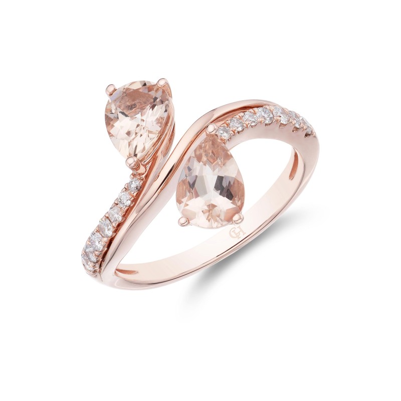 9ct Rose Gold Brilliant Diamond And Pear Cut Morganite 0.18ct And 1.50ct Cluster Ring