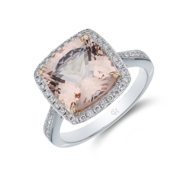 18ct White Gold Diamond 0.26ct and Morganite 3.60ct Halo Ring