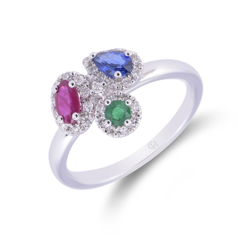 18ct White Gold 3 Stone Fancy Ruby, Emerald And Sapphire Ring