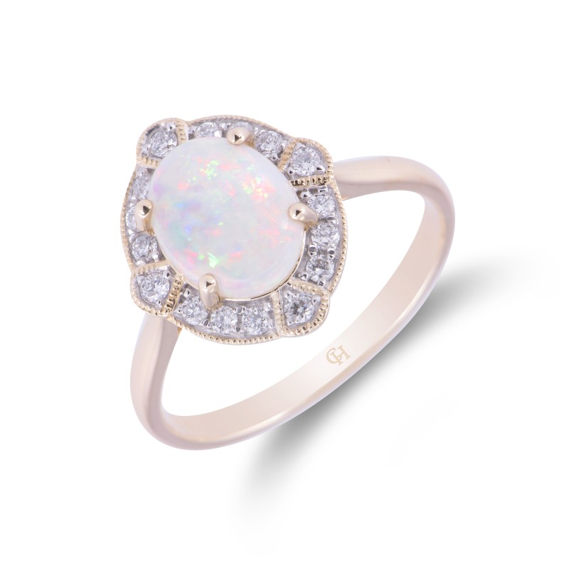 9ct Yellow Gold Opal and 0.20ct Diamond Cluster Ring