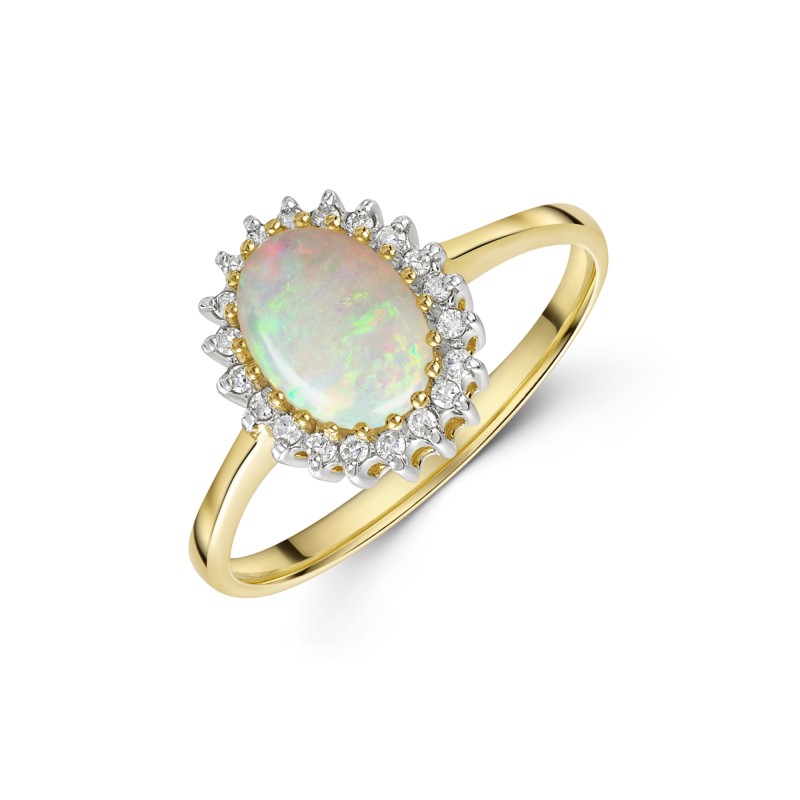 9ct Yellow Gold 0.78ct Oval Opal & Round Brilliant Diamond Halo Ring