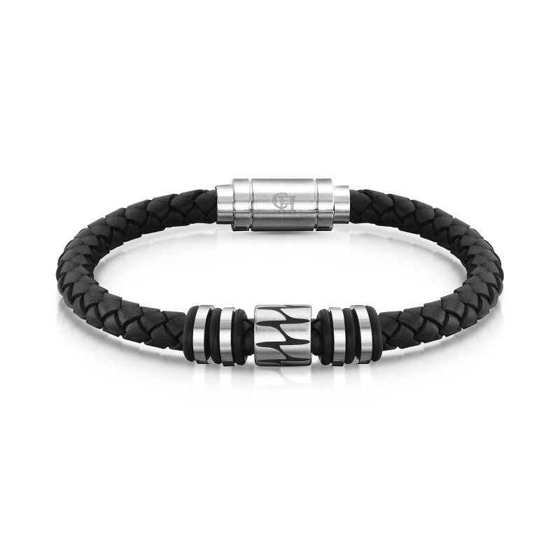 Gents Stainless Steel & Leather Patterned Centre Link Bracelet