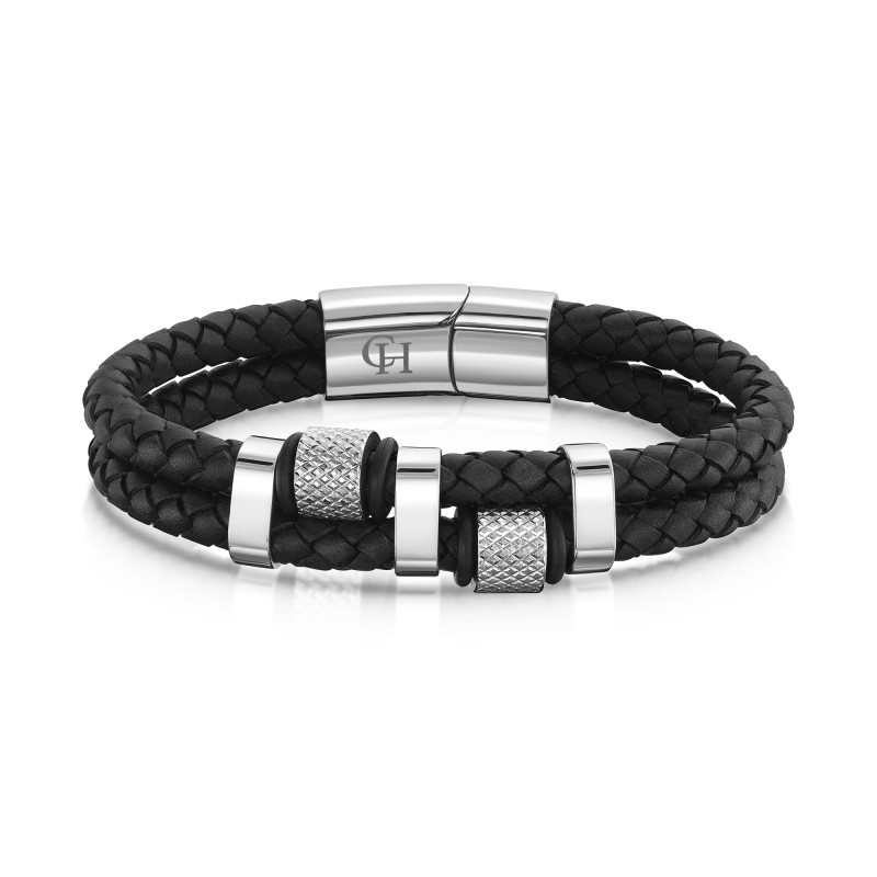 Gents Stainless Steel & Leather Double Strap Linked Bracelet