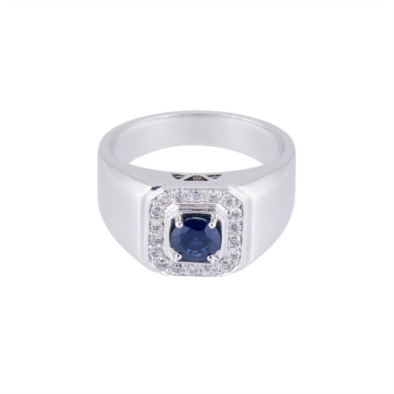 Gents 9ct White Gold Sapphire And 0.36ct Diamond Ring