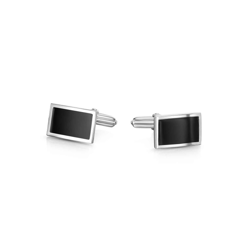 Silver Rectangular Black Enamel Cufflinks