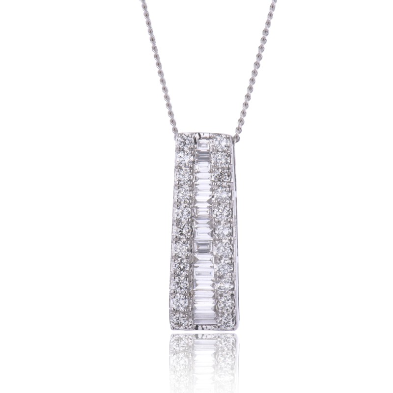 18ct White Gold Baguette and Brilliant Cut 0.75ct Diamond Bar Pendant