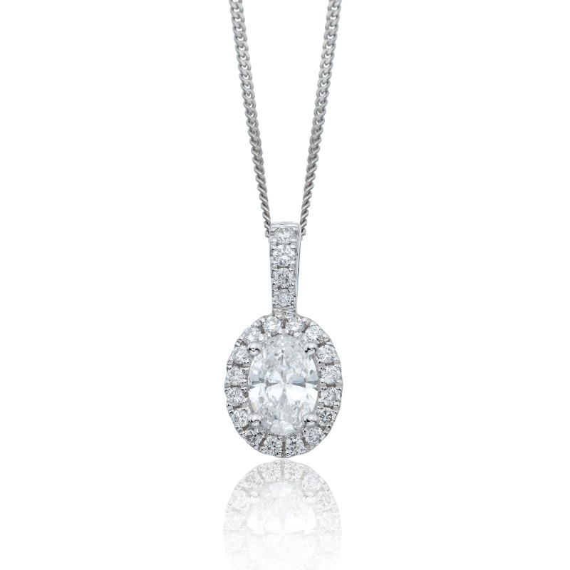 18ct White Gold Oval Cut 0.41ct Diamond Halo Pendant
