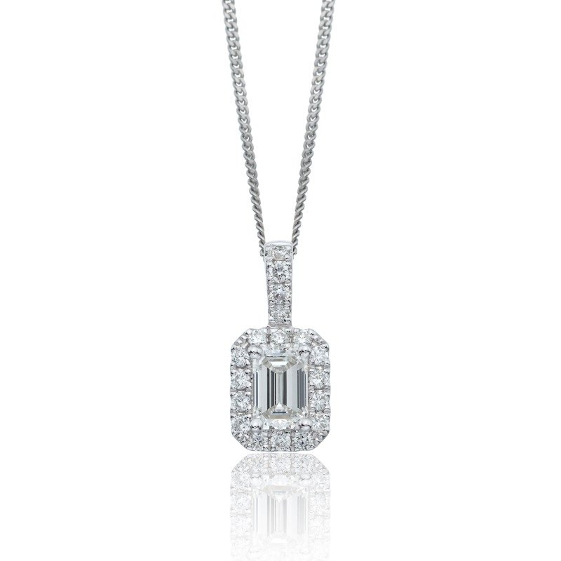 18ct White Gold Emerald Cut 0.41ct Diamond Halo Pendant