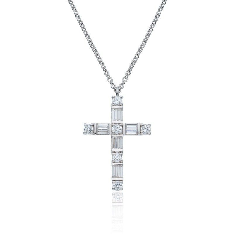18ct White Gold Baguette And Brilliant Cut 0.41ct Diamond Cross Pendant