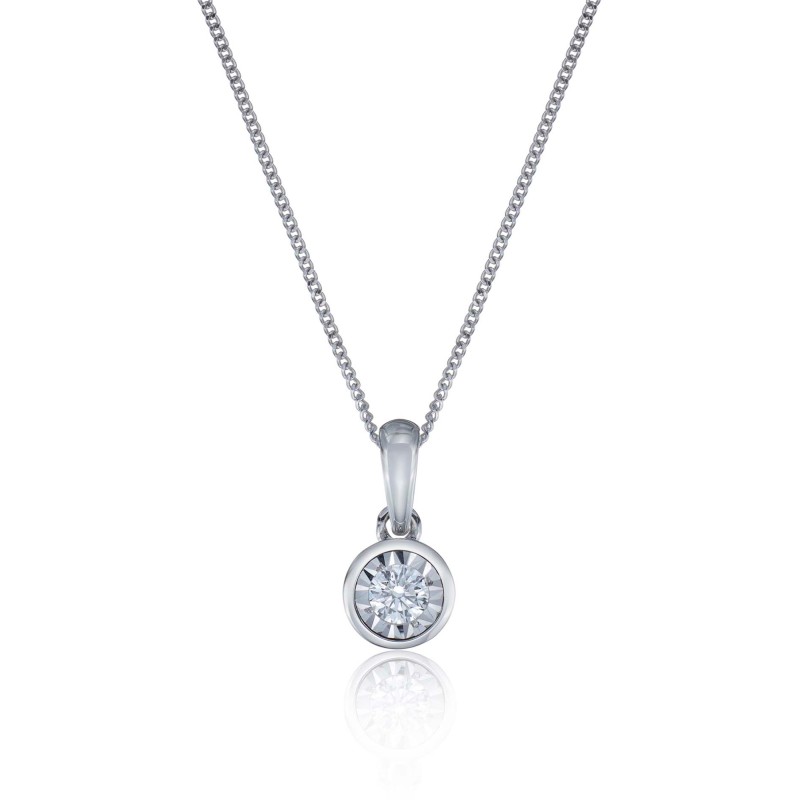 9ct White Gold Round Brilliant 0.10ct Diamond Bezel Set Pendant