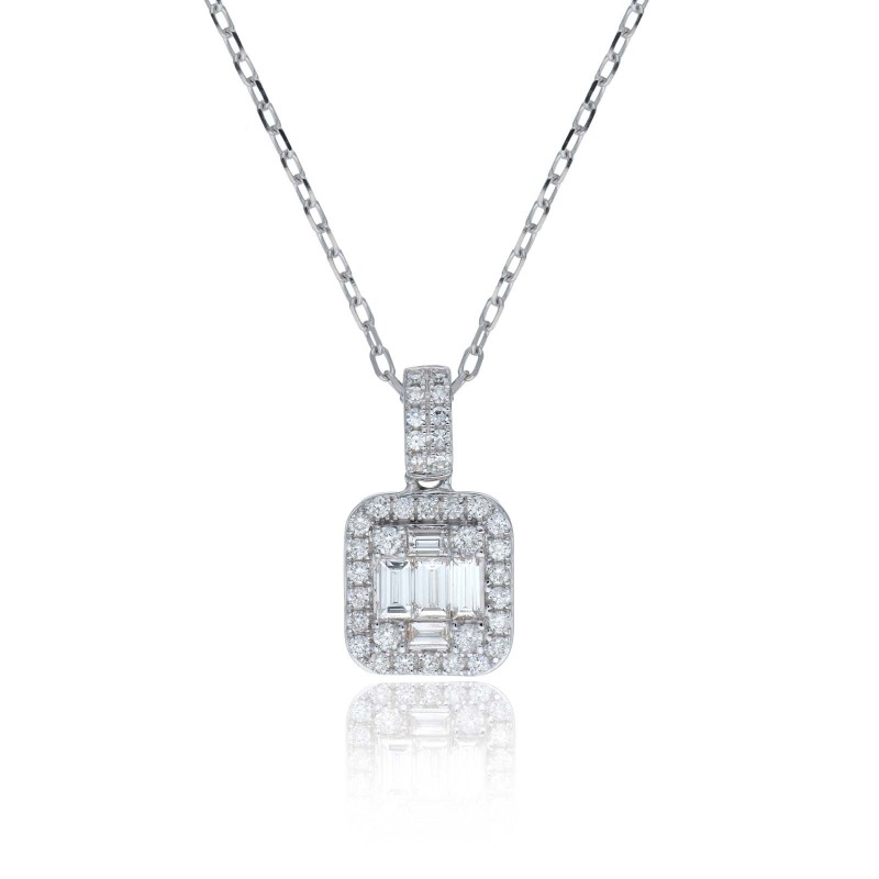 9ct White Gold 0.41ct Baguette and Round Brilliant Diamond Cluster Pendant