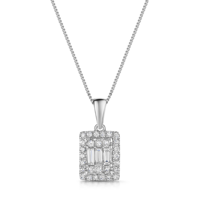 9ct White Gold Baguette & Round Brilliant Cut 0.50ct Diamond Cluster Pendant
