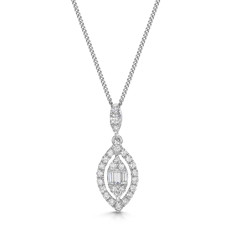 9ct White Gold Baguette & Round Brilliant Cut 0.33ct Diamond Marquise Shape Pendant