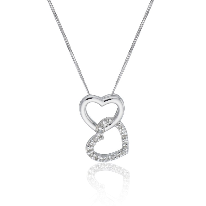 9ct White Gold Brilliant Cut 0.05ct Diamond Double Heart Pendant