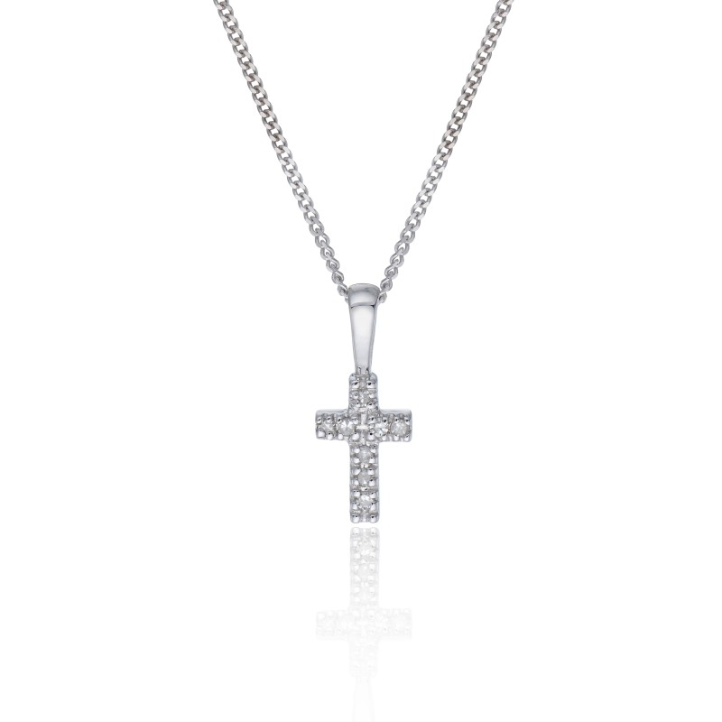 9ct White Gold 0.03ct Diamond Cross Pendant 