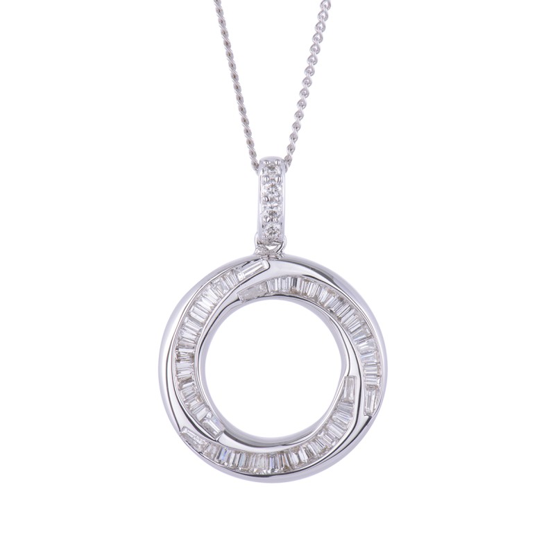 9ct White Gold Baguette and Brilliant Cut 0.70ct Diamond Circle Pendant