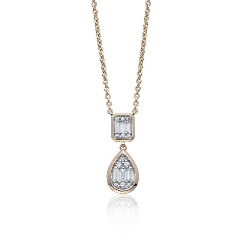 9ct Yellow Gold Baguette And Brilliant Cut 0.24ct Diamond Cluster Drop Pendant