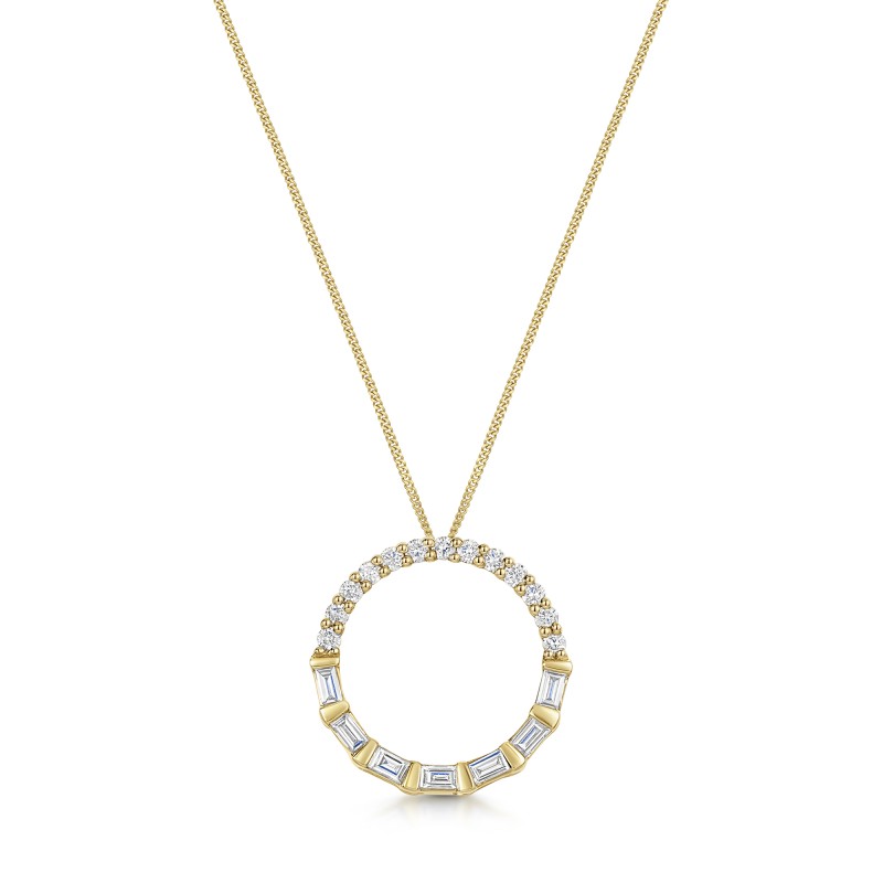 9ct Yellow Gold Baguette & Round Brilliant Cut 0.20ct Diamond Circle Pendant