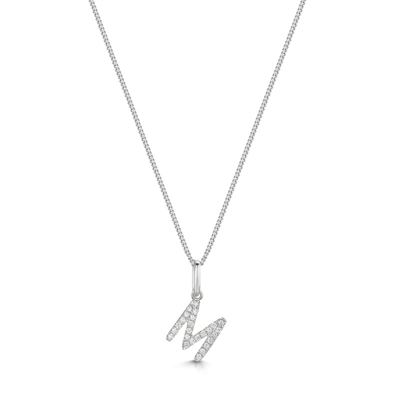 9ct White Gold Round Brilliant 0.08ct Diamond Letter M Pendant
