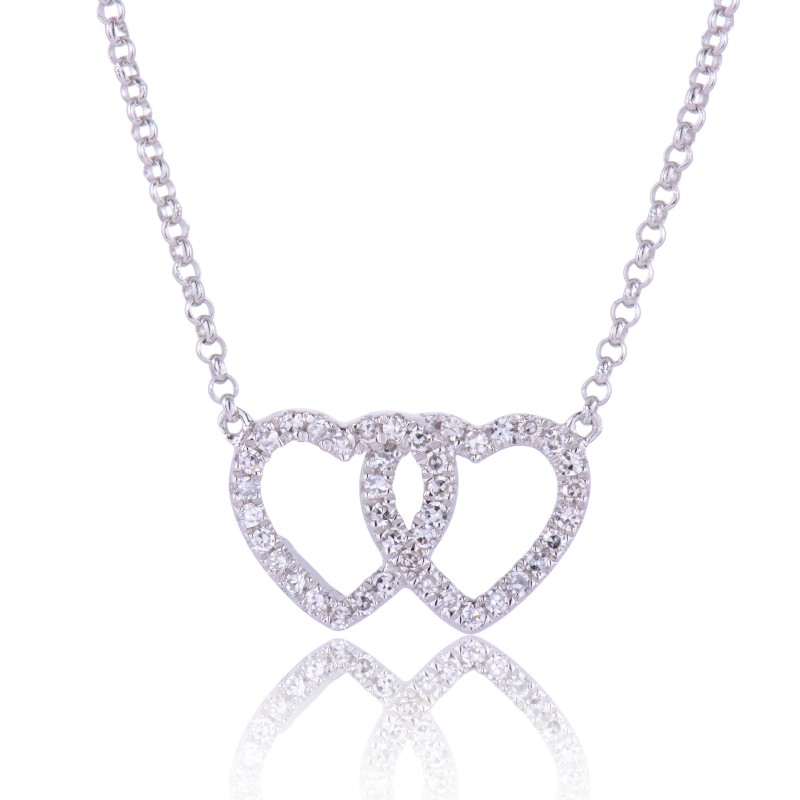 9ct White Gold Brilliant Cut 0.10ct Diamond Double Heart Necklace