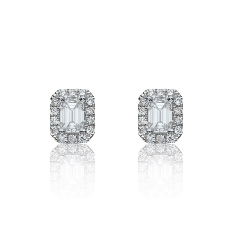 18ct White Gold Emerald Cut 0.74ct Diamond Halo Stud Earrings