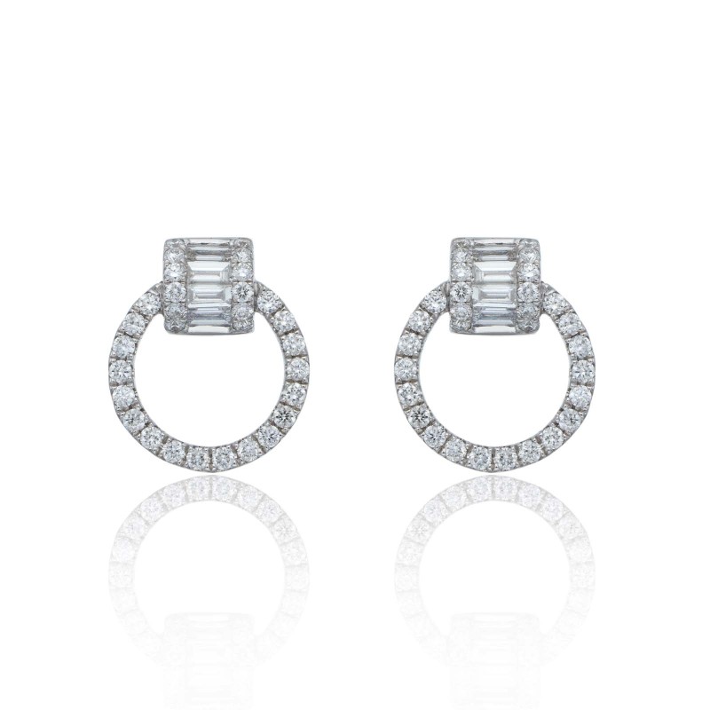 18ct White Gold Baguette & Brilliant Cut 0.63ct Diamond Circle Earrings 1
