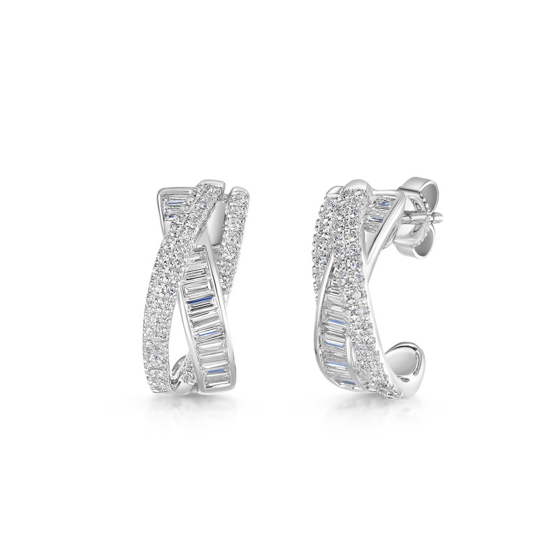 18ct White Gold Baguette & Round Brilliant Cut 0.90ct Diamond Multi Strand Cross Over Earrings