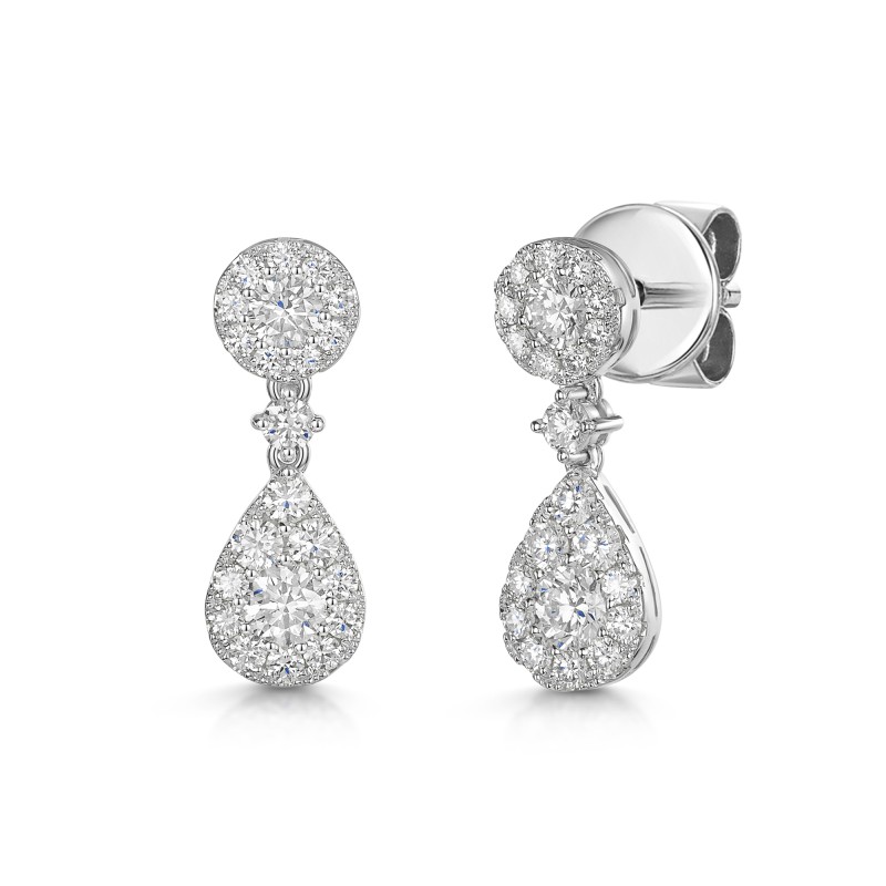 18ct White Gold Round Brilliant 1.45ct Diamond Pear Shaped Drop Earrings