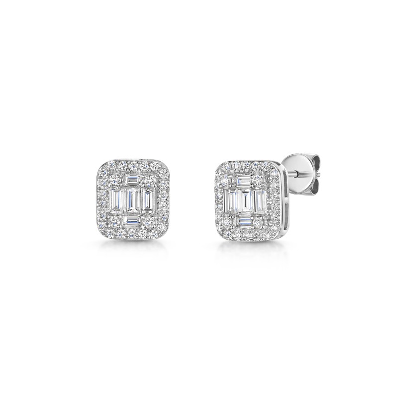 9ct White Gold Baguette & Round Brilliant Cut 0.75ct Diamond Earrings