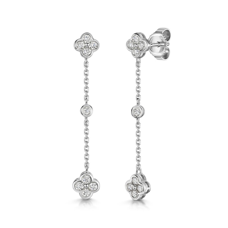 9ct White Gold Round Brilliant 0.33ct Diamond Clover Shape Chain Style Drop Earrings - Exclusive to CH