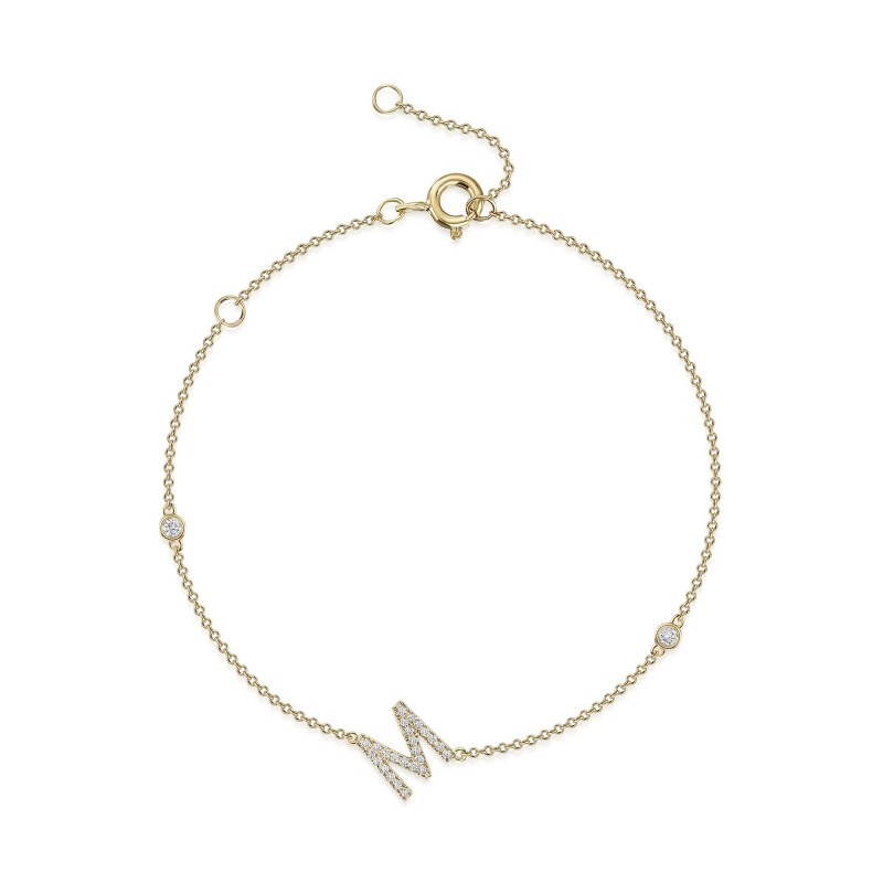 9ct Yellow Gold Round Brilliant 0.13ct Diamond Initial M Bracelet