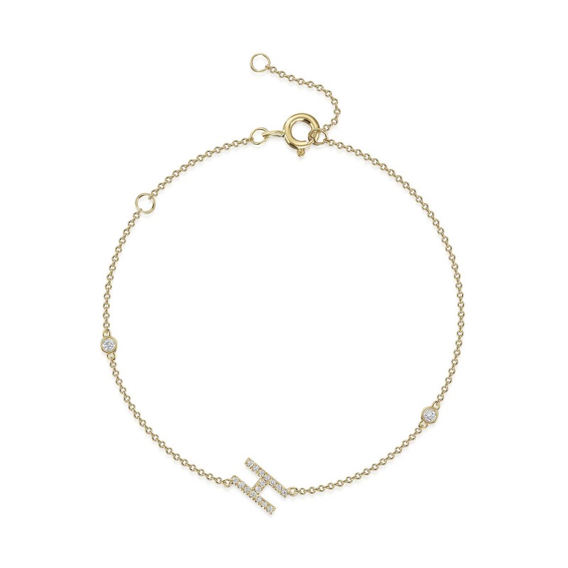 9ct Yellow Gold Round Brilliant 0.11ct Diamond Initial H Bracelet