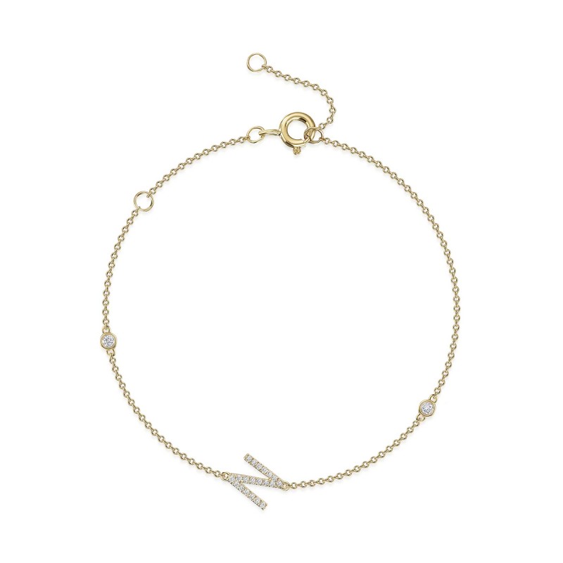9ct Yellow Gold Round Brilliant 0.12ct Diamond Initial N Bracelet