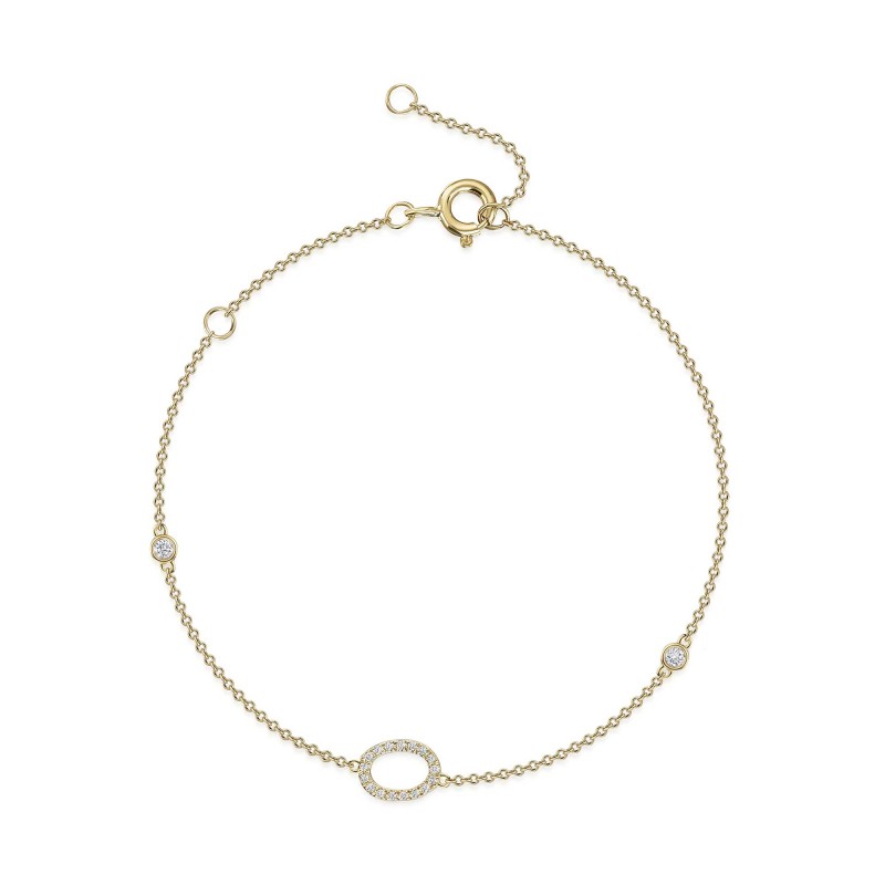 9ct Yellow Gold Round Brilliant 0.12ct Diamond Initial O Bracelet