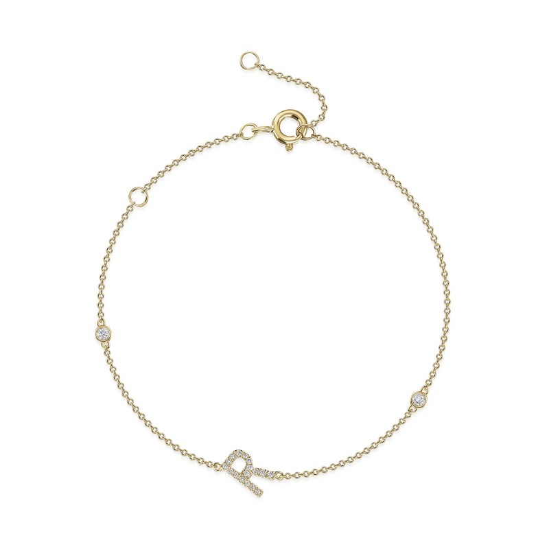 9ct Yellow Gold Round Brilliant 0.12ct Diamond Initial R Bracelet