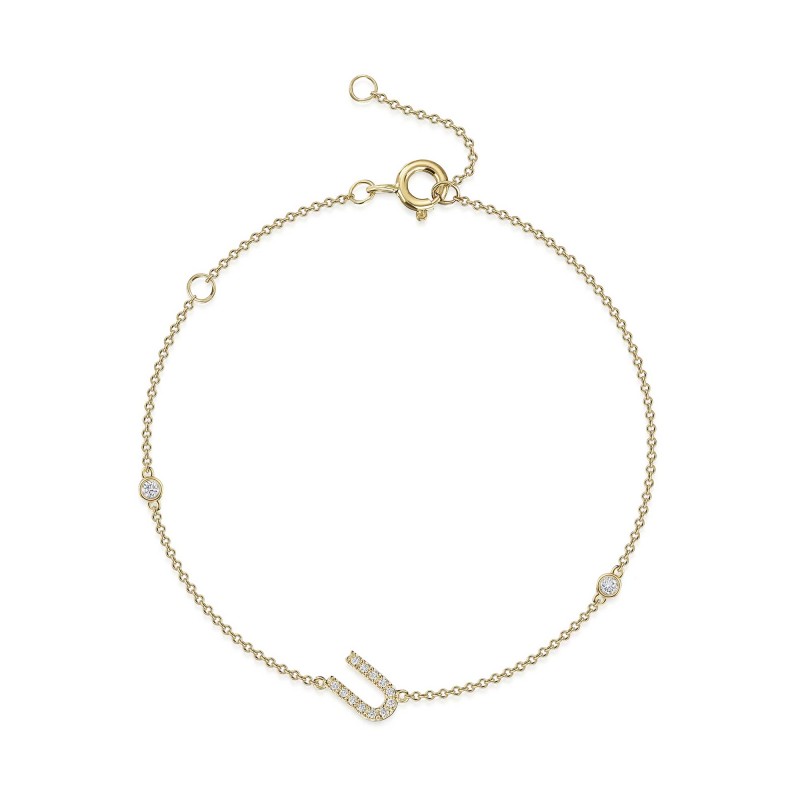 9ct Yellow Gold Round Brilliant 0.11ct Diamond Initial U Bracelet