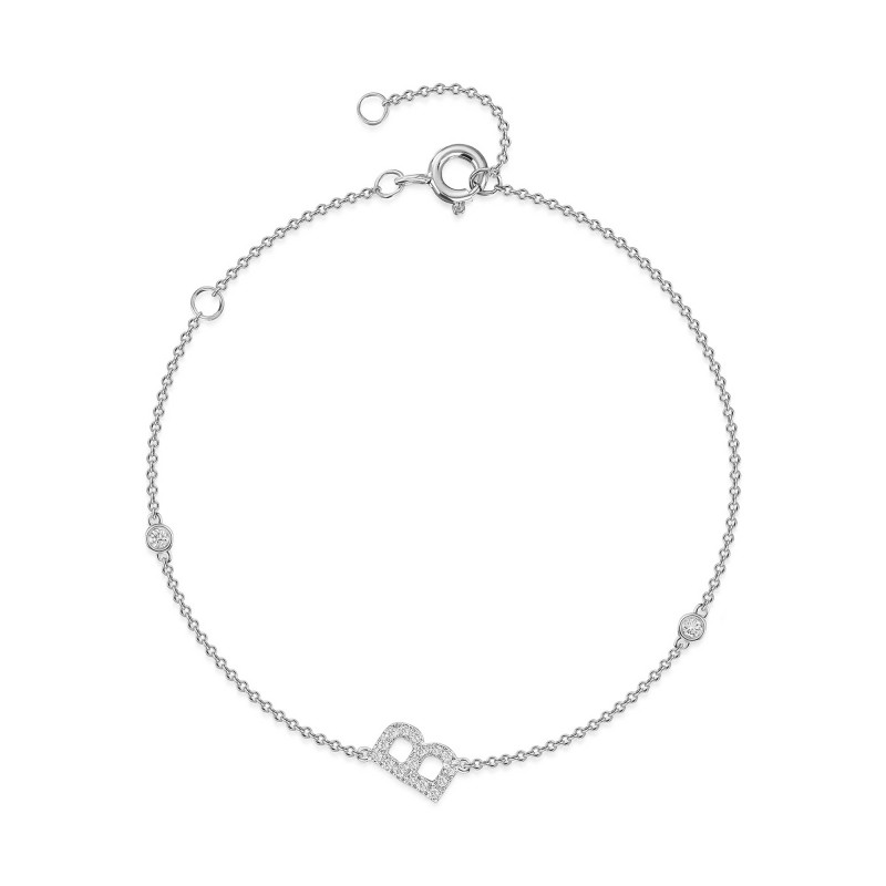 9ct White Gold Round Brilliant 0.12ct Diamond Initial B Bracelet