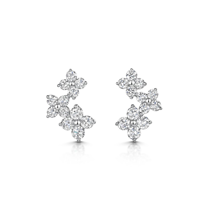 9ct White Gold Brilliant Cut 1.38ct Diamond Flower Cluster Earrings