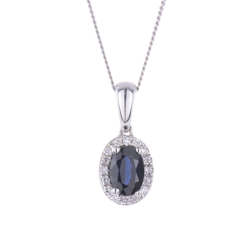 9ct White Gold Oval Cut Sapphire 0.68ct Diamond Halo Pendant