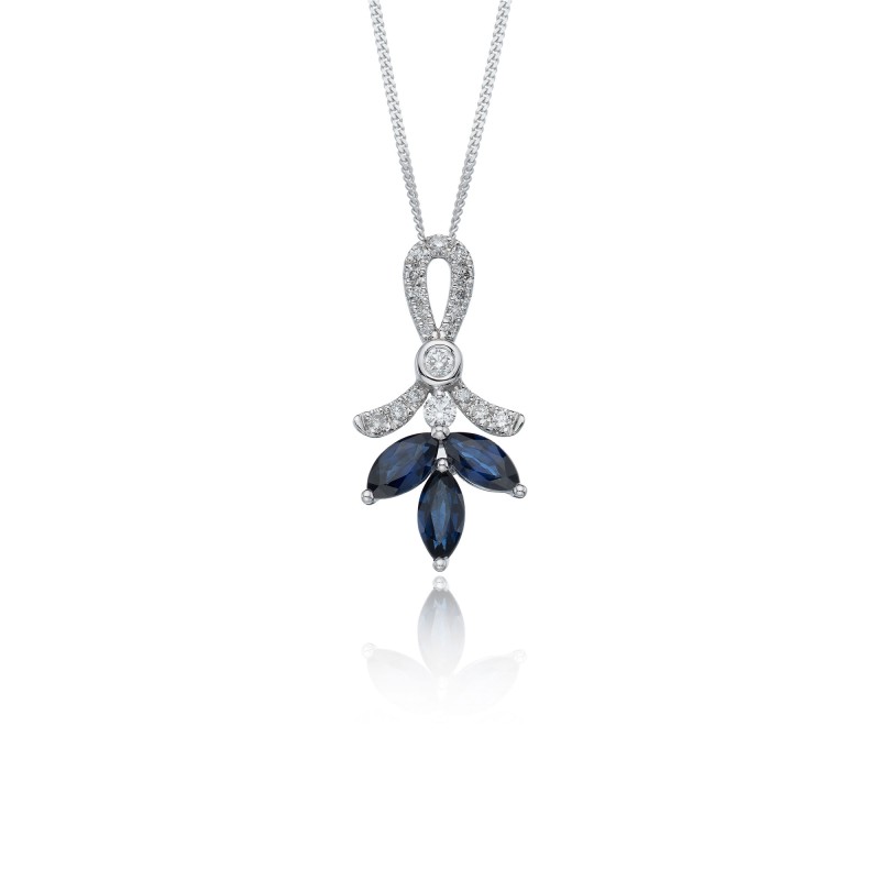 9ct White Gold Marquise Cut 0.18ct Diamond and Sapphire Pendant