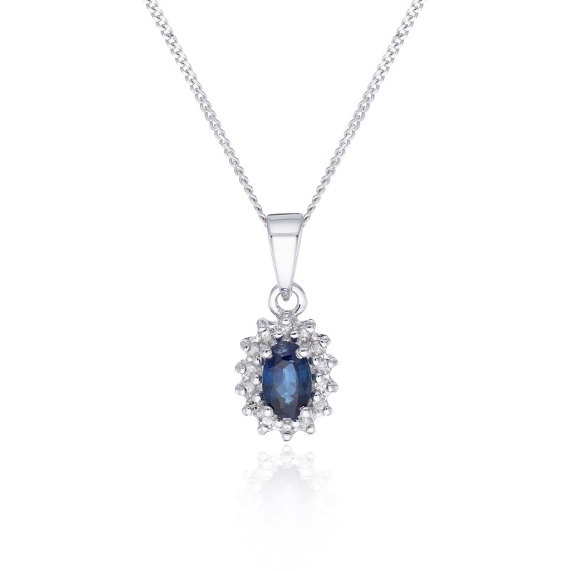 9ct White Gold 0.35ct Oval Sapphire and 0.06ct Diamond Halo Pendant