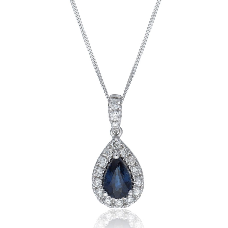 9ct White Gold Round Brilliant 0.19ct Diamond and Pear Cut Sapphire Halo Pendant