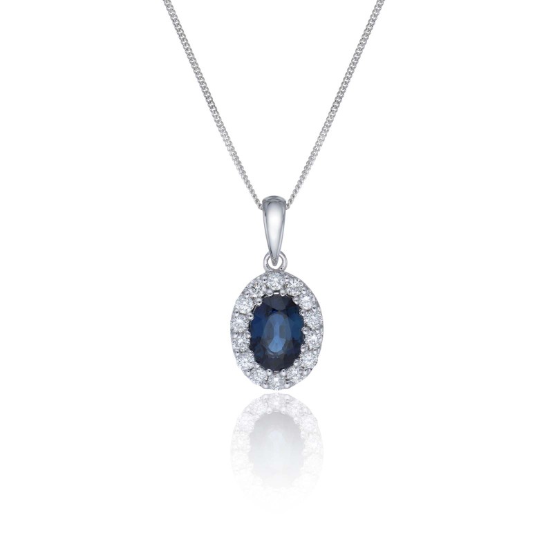 9ct White Gold Diamond 0.15ct and Sapphire Halo Pendant 